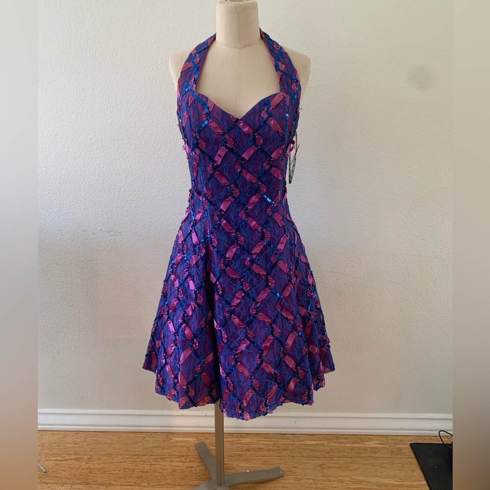 Deadstock Vintage Betsy and Adam Purple Sequin Lace Halter Prom Dress Sz 11 NWT